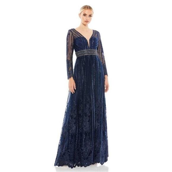 Mac Duggal A-Line Gown Dress Illusion Sleeve Floral Embroidered Blue Size  16 NWT